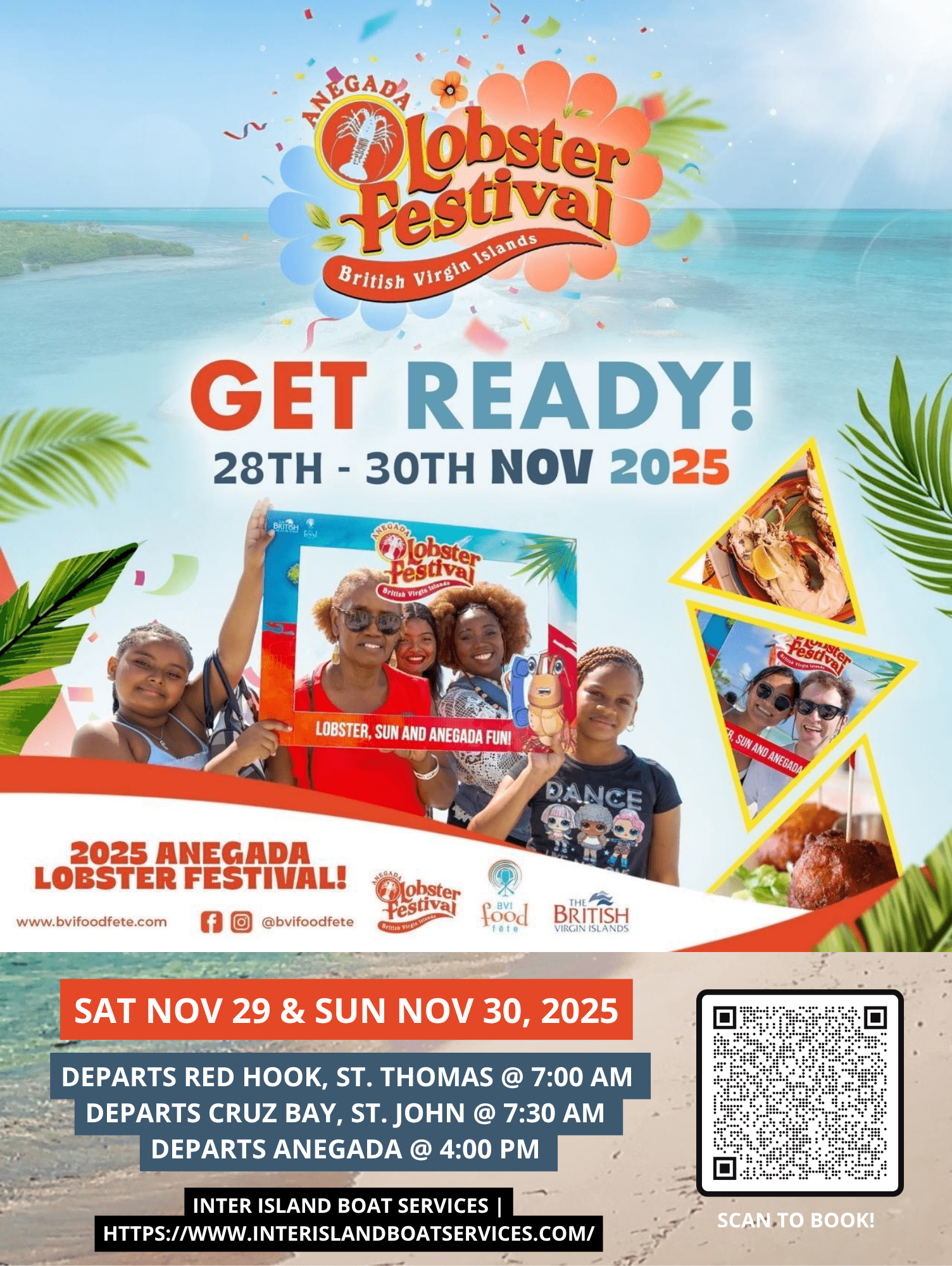 Poster for Anegada Lobster Festival 2025, featuring festival dates, travel info, and images of attendees.
