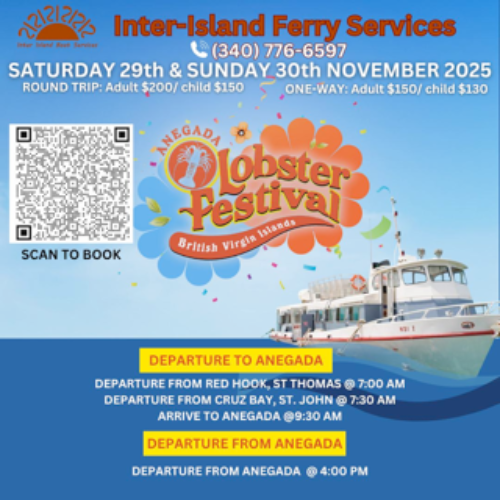 Anegada Lobster Festival ferry ad with departure times and costs for Nov 29-30, 2025.