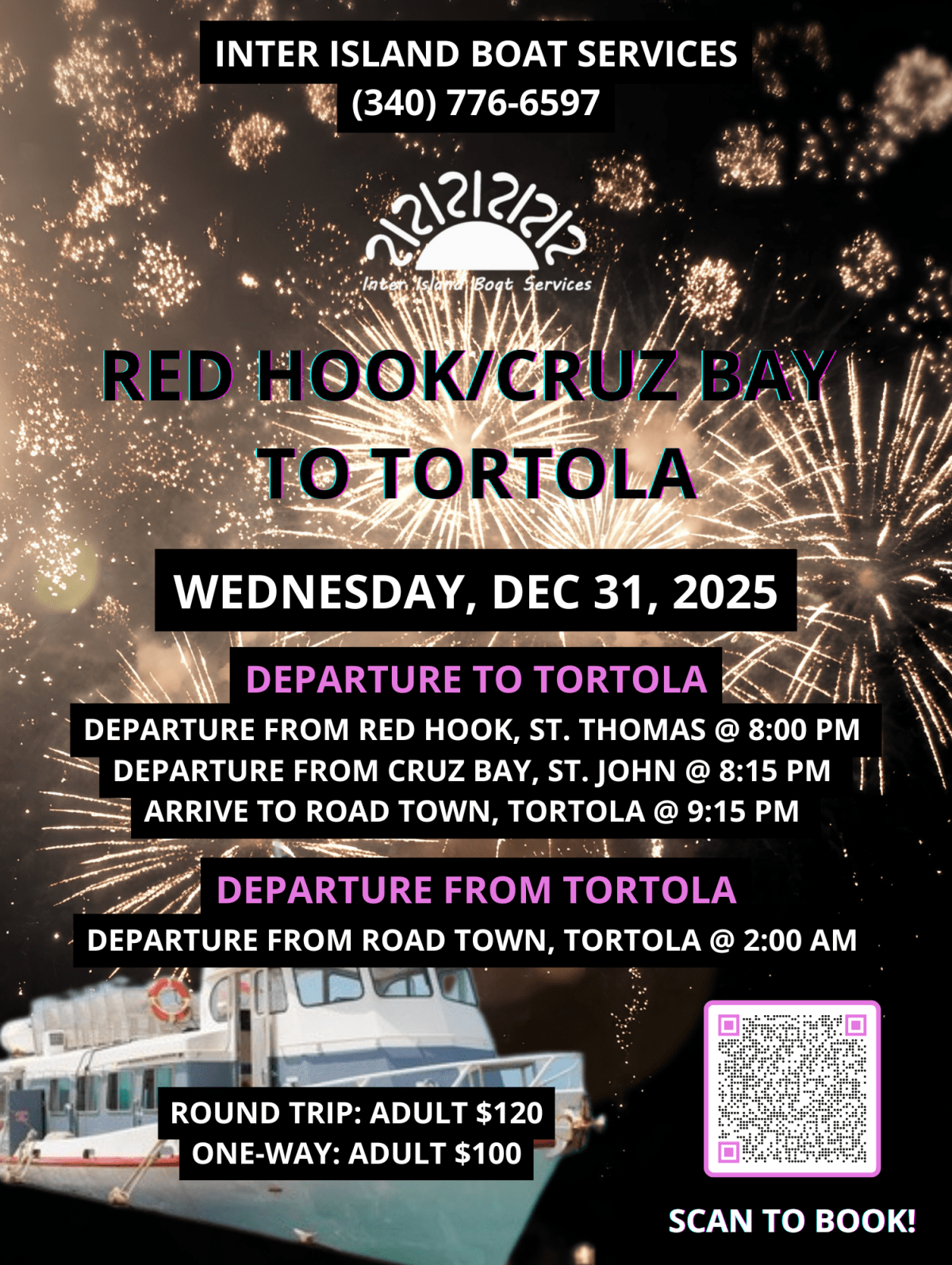 New Year's Eve boat trip from Red Hook/Cruz Bay to Tortola on Dec 31, 2025, with fireworks background.