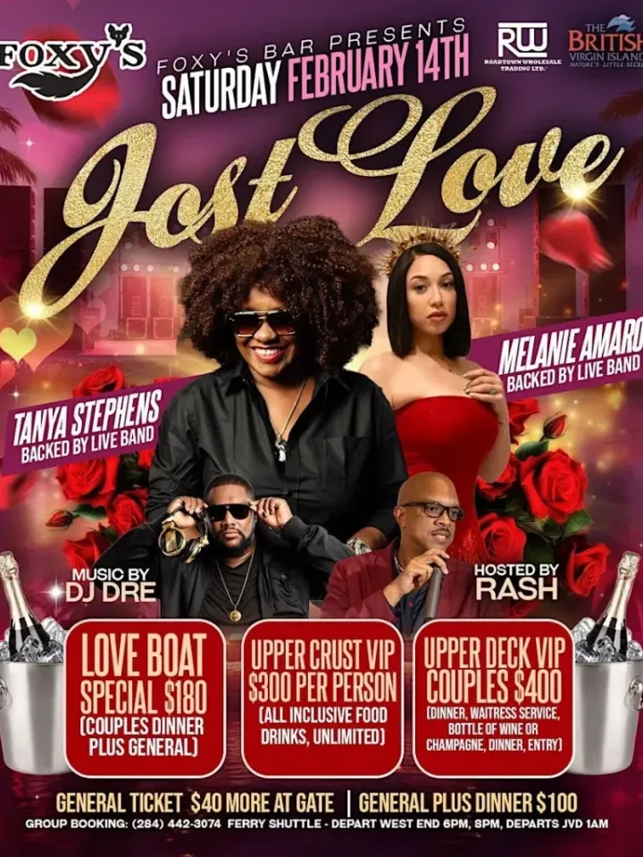 Event poster for 'Jost Love' at Foxy's Bar on February 14th, featuring Tanya Stephens and Melanie Amaro.