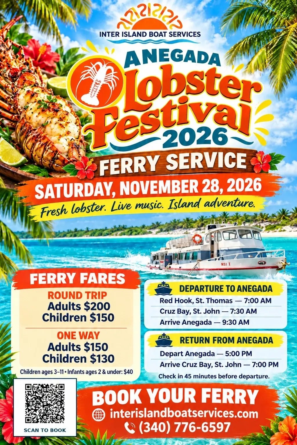 Poster for Anegada Lobster Festival 2026 with ferry service info and tropical design.